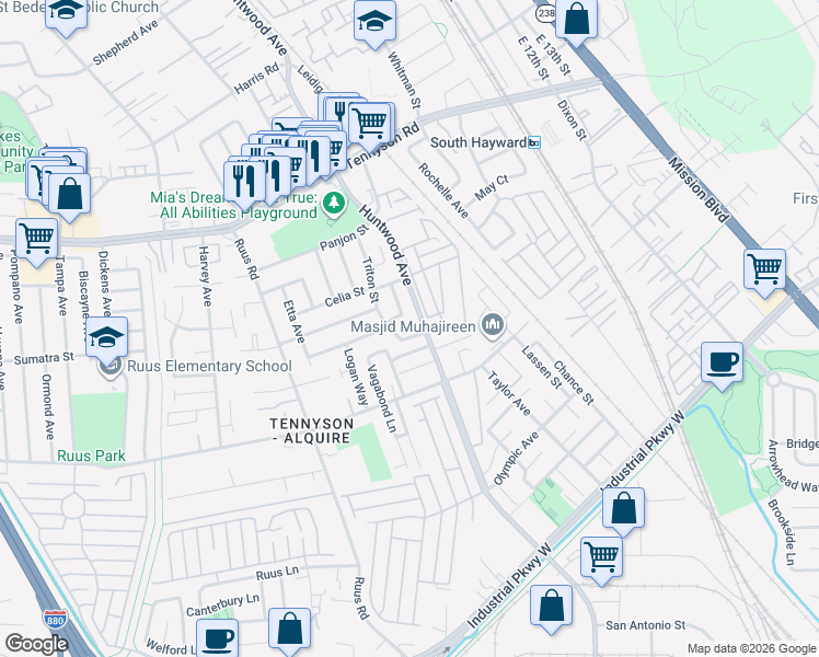 map of restaurants, bars, coffee shops, grocery stores, and more near 28695 Roanoke Street in Hayward