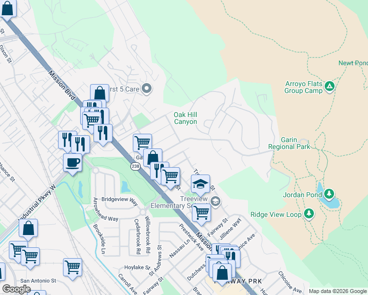 map of restaurants, bars, coffee shops, grocery stores, and more near 722 Gleneagle Avenue in Hayward