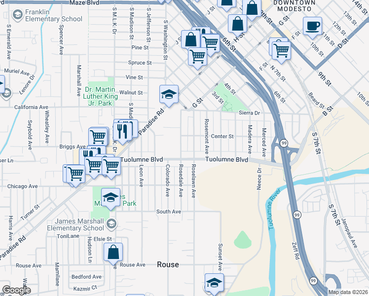 map of restaurants, bars, coffee shops, grocery stores, and more near 218 Rosedale Avenue in Modesto