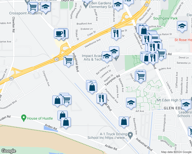 map of restaurants, bars, coffee shops, grocery stores, and more near 2786 Bal Harbor Lane in Hayward