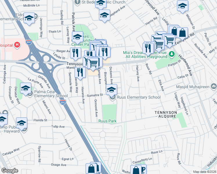map of restaurants, bars, coffee shops, grocery stores, and more near 27870 Biscayne Avenue in Hayward