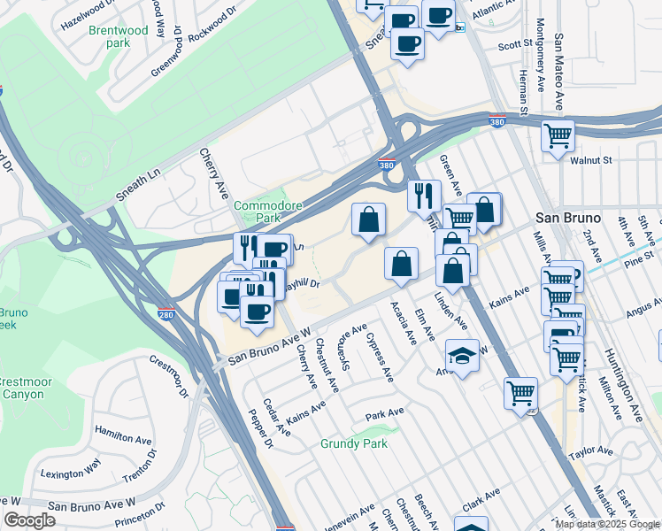 map of restaurants, bars, coffee shops, grocery stores, and more near 1200 Bayhill Drive in San Bruno