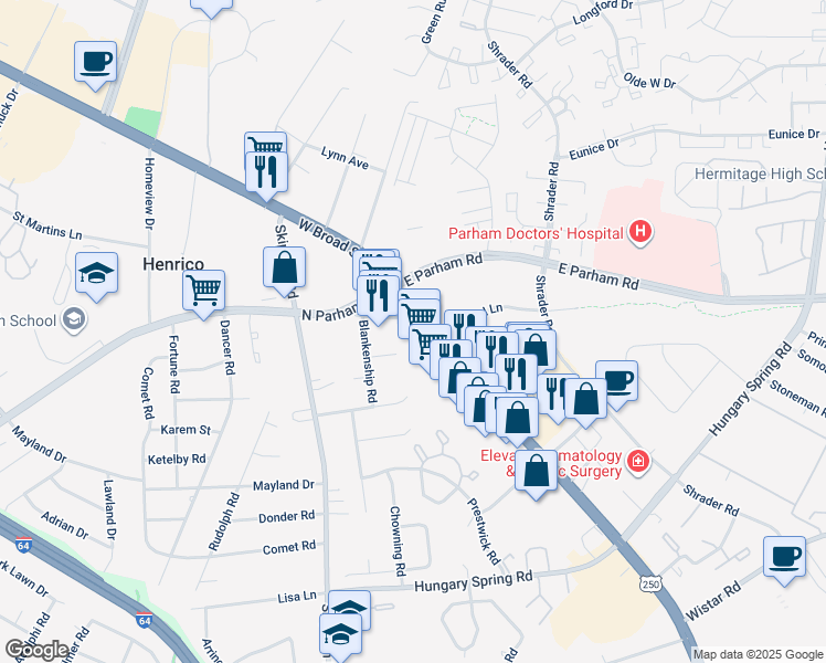 map of restaurants, bars, coffee shops, grocery stores, and more near 8207 Old Parham Road in Henrico
