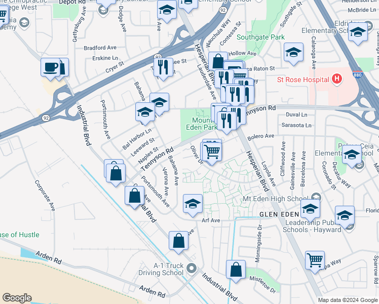 map of restaurants, bars, coffee shops, grocery stores, and more near 2820 Oliver Drive in Hayward