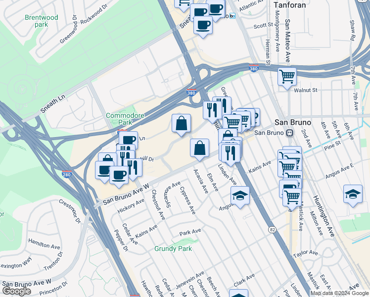 map of restaurants, bars, coffee shops, grocery stores, and more near 1111 Bayhill Drive in San Bruno