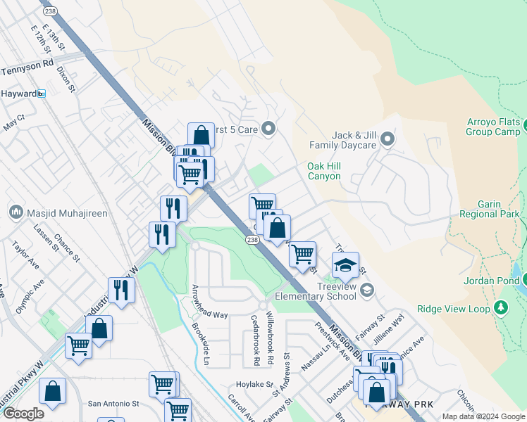map of restaurants, bars, coffee shops, grocery stores, and more near 29886 Vanderbilt Street in Hayward