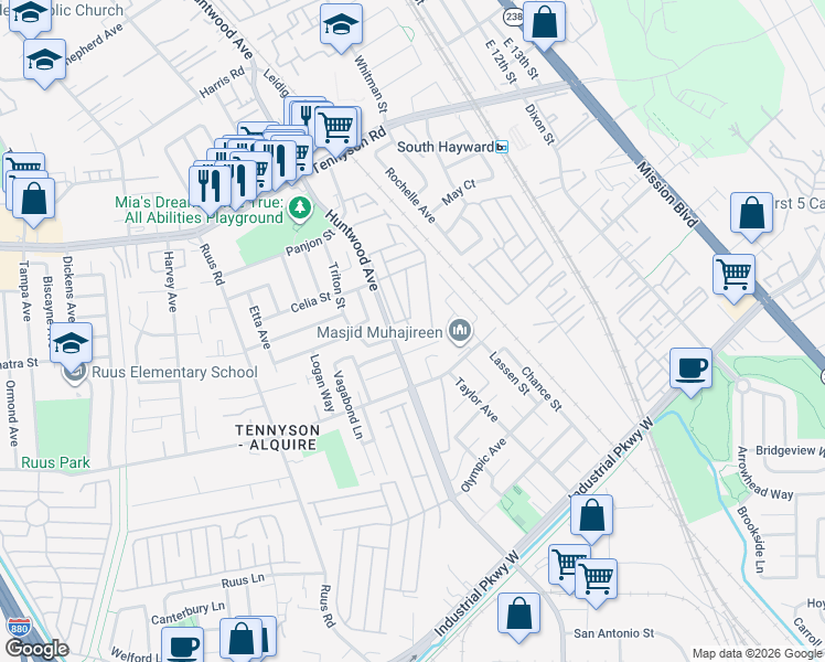 map of restaurants, bars, coffee shops, grocery stores, and more near 186 Earth Avenue in Hayward
