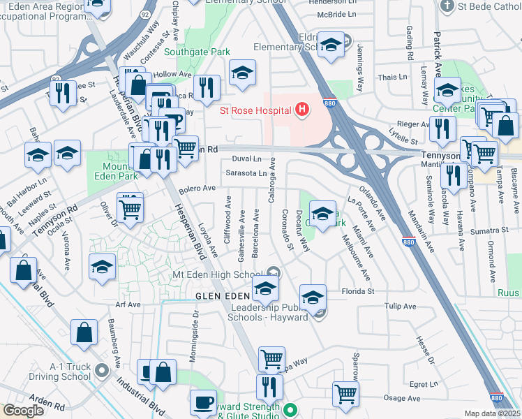 map of restaurants, bars, coffee shops, grocery stores, and more near 27555 Barcelona Avenue in Hayward