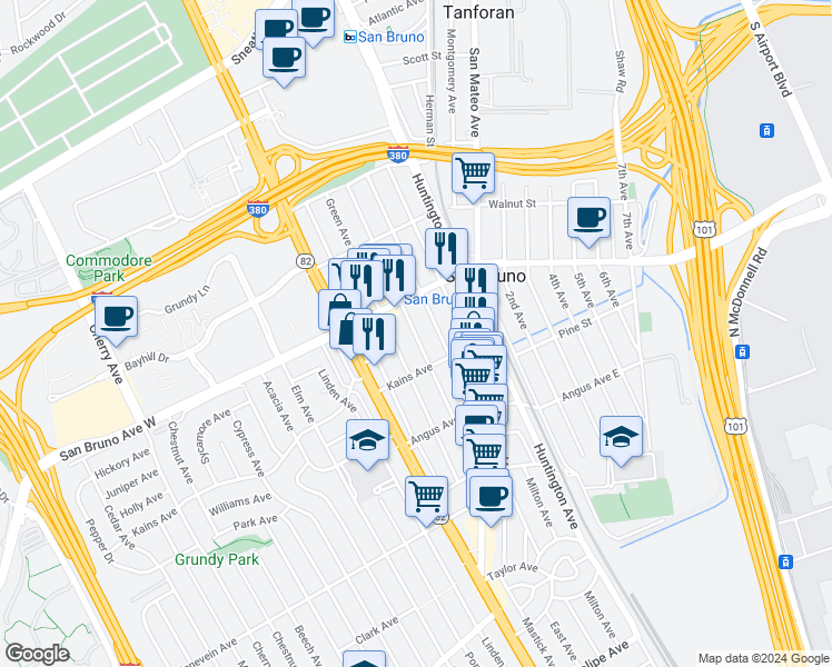 map of restaurants, bars, coffee shops, grocery stores, and more near 760 Easton Avenue in San Bruno