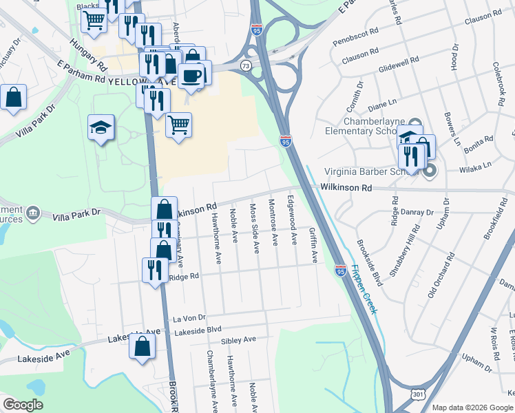 map of restaurants, bars, coffee shops, grocery stores, and more near 7618 Moss Side Avenue in Richmond