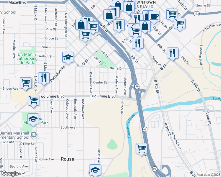 map of restaurants, bars, coffee shops, grocery stores, and more near 210 Madera Avenue in Modesto