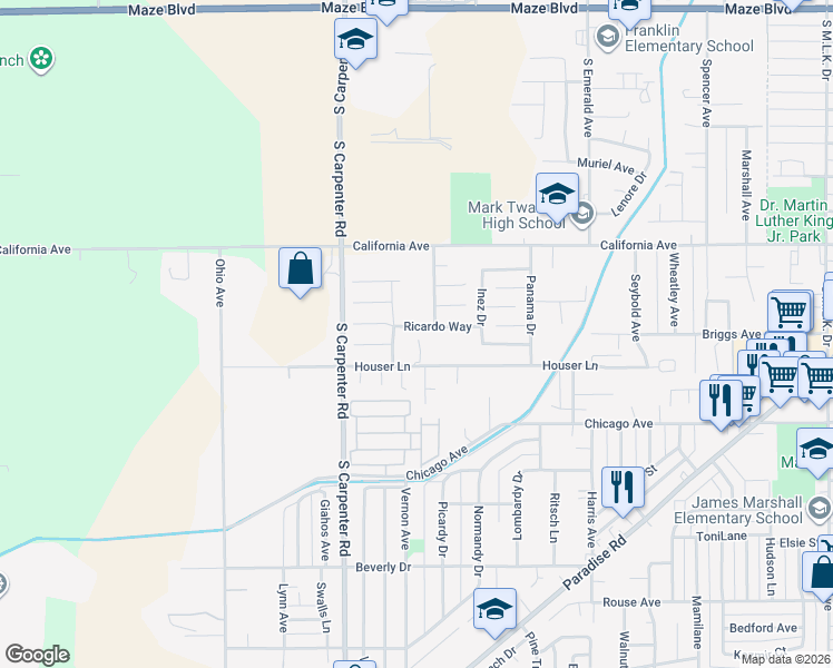 map of restaurants, bars, coffee shops, grocery stores, and more near 1309 Ricardo Way in Modesto
