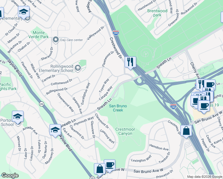 map of restaurants, bars, coffee shops, grocery stores, and more near 2361 Catalpa Way in San Bruno
