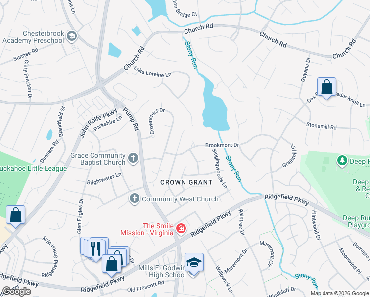 map of restaurants, bars, coffee shops, grocery stores, and more near 10410 Brookmont Drive in Richmond
