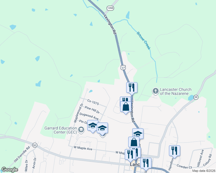 map of restaurants, bars, coffee shops, grocery stores, and more near 210 Pin Oak Drive in Lancaster