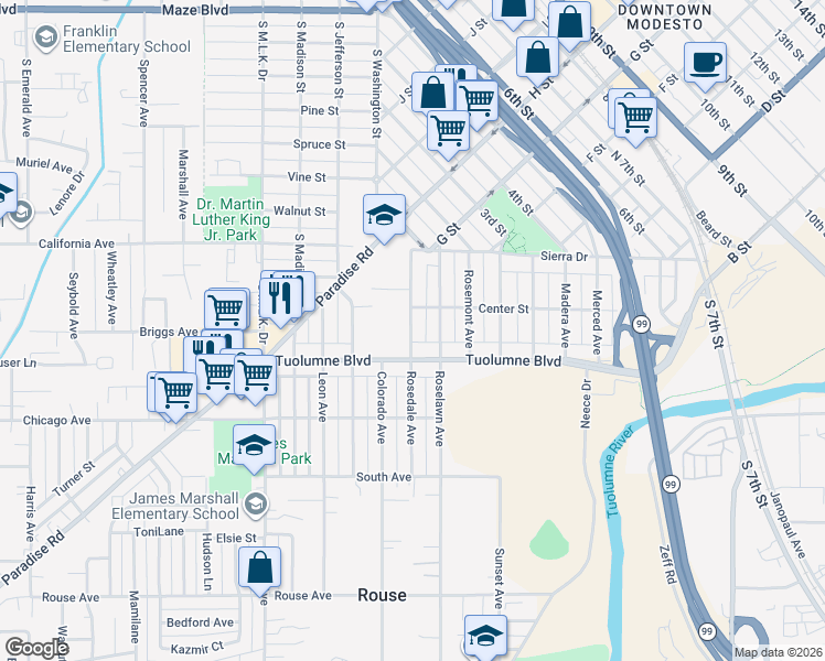map of restaurants, bars, coffee shops, grocery stores, and more near 218 Rosedale Avenue in Modesto