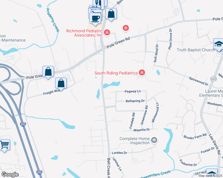 map of restaurants, bars, coffee shops, grocery stores, and more near 7276 Pegway Lane in Mechanicsville