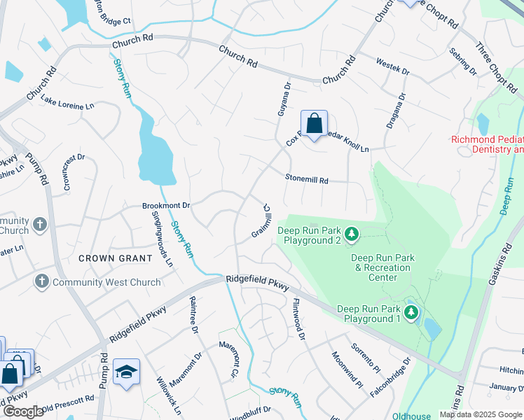 map of restaurants, bars, coffee shops, grocery stores, and more near 2220 Grainmill Court in Richmond