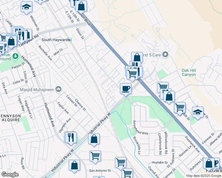 map of restaurants, bars, coffee shops, grocery stores, and more near 242 Bolt Court in Hayward