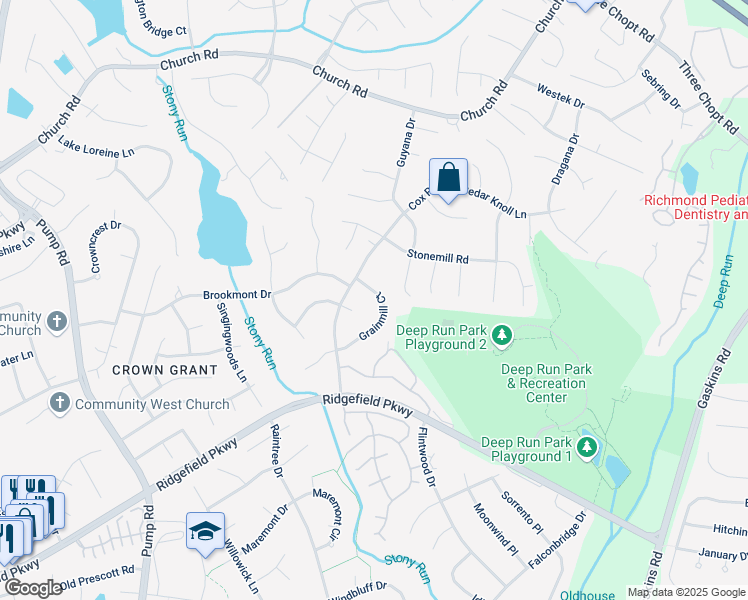 map of restaurants, bars, coffee shops, grocery stores, and more near 2220 Grainmill Court in Richmond