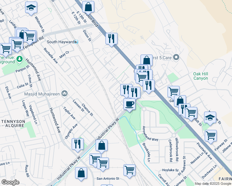 map of restaurants, bars, coffee shops, grocery stores, and more near 226 Dash Court in Hayward