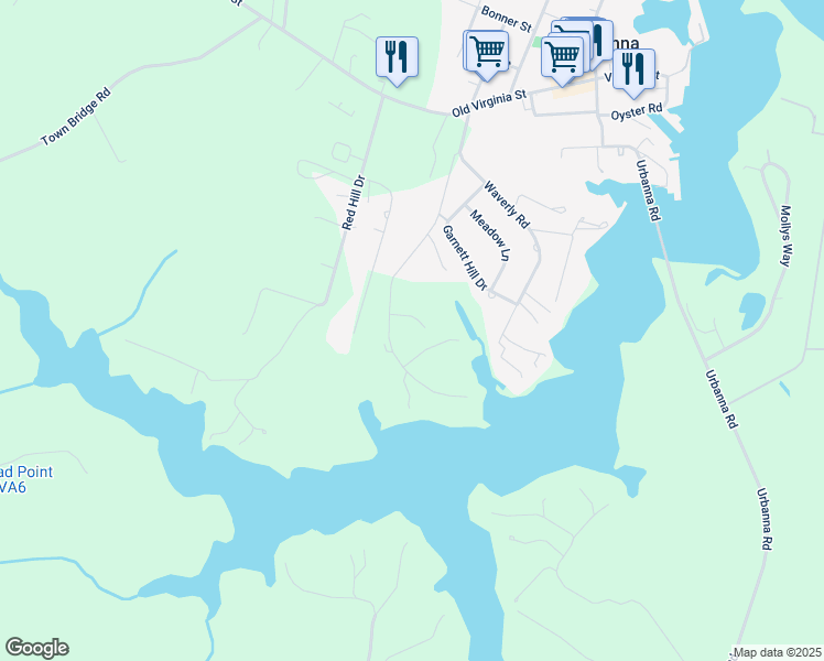 map of restaurants, bars, coffee shops, grocery stores, and more near 80 Hillcrest Lane in Urbanna