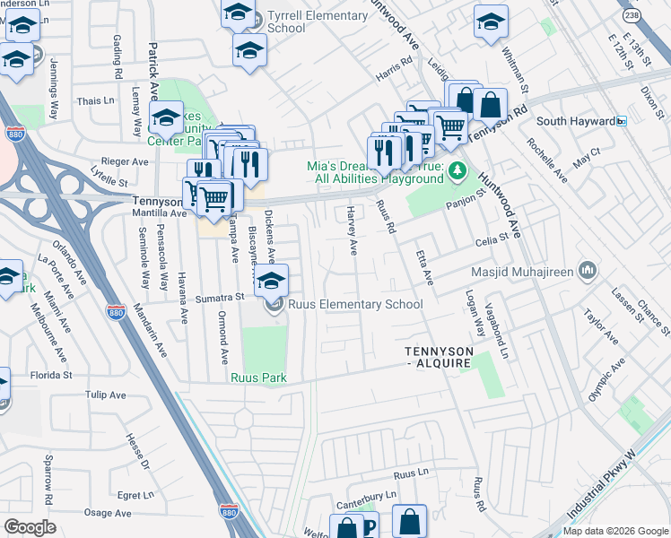 map of restaurants, bars, coffee shops, grocery stores, and more near 1145 Lovelock Way in Hayward