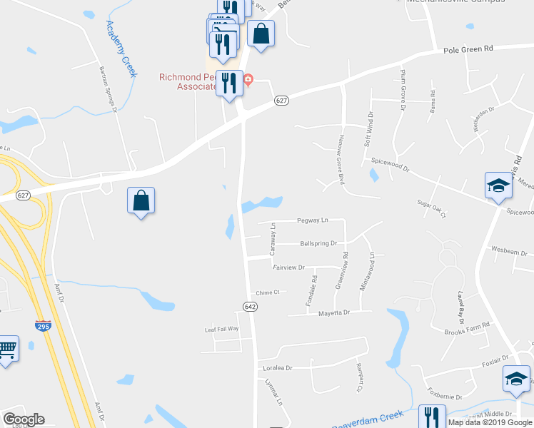 map of restaurants, bars, coffee shops, grocery stores, and more near 7276 Pegway Lane in Mechanicsville
