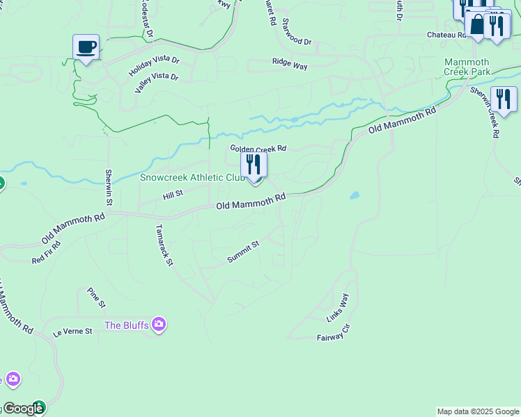 map of restaurants, bars, coffee shops, grocery stores, and more near 34 Crawford Avenue in Mammoth Lakes