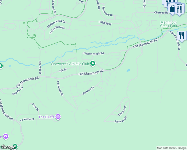 map of restaurants, bars, coffee shops, grocery stores, and more near 34 Crawford Avenue in Mammoth Lakes