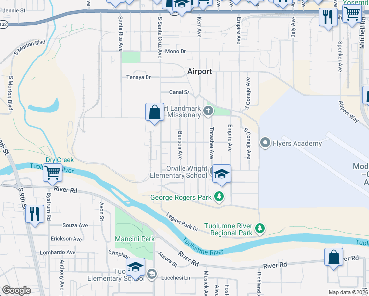 map of restaurants, bars, coffee shops, grocery stores, and more near 703 Kerr Avenue in Modesto