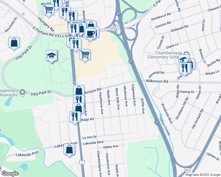 map of restaurants, bars, coffee shops, grocery stores, and more near 219 Wilkinson Road in Richmond