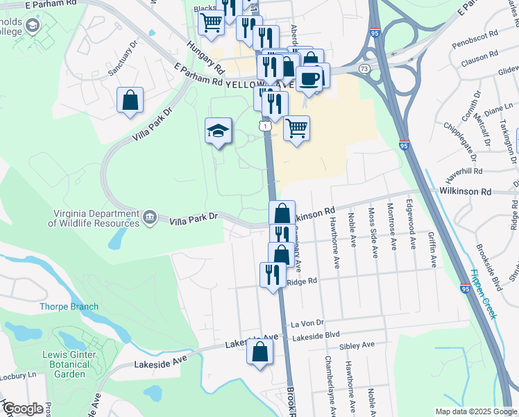 map of restaurants, bars, coffee shops, grocery stores, and more near 7600 Brook Road in Richmond