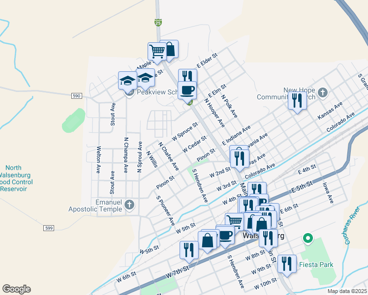 map of restaurants, bars, coffee shops, grocery stores, and more near 240 West Cedar Street in Walsenburg