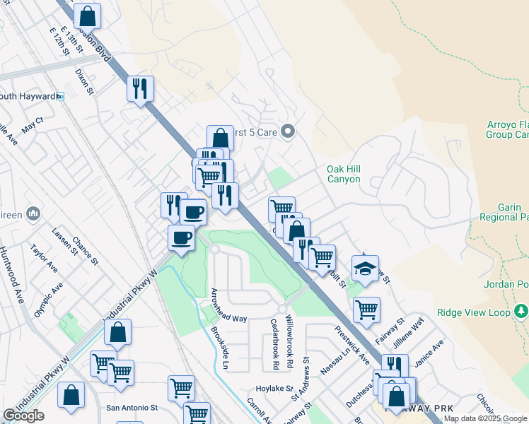 map of restaurants, bars, coffee shops, grocery stores, and more near 29824 Mission Boulevard in Hayward