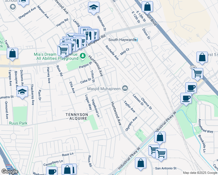 map of restaurants, bars, coffee shops, grocery stores, and more near 186 Earth Avenue in Hayward