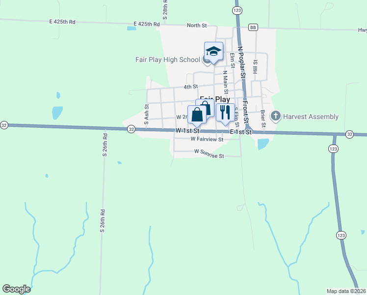 map of restaurants, bars, coffee shops, grocery stores, and more near 401 West Sunrise Street in Fair Play