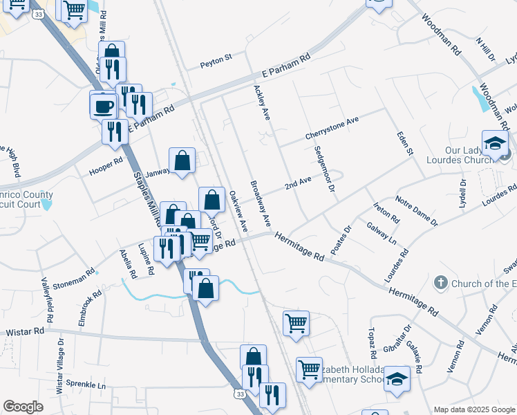 map of restaurants, bars, coffee shops, grocery stores, and more near 8412 Broadway Avenue in Richmond