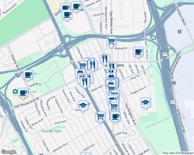 map of restaurants, bars, coffee shops, grocery stores, and more near Easton Avenue in San Bruno