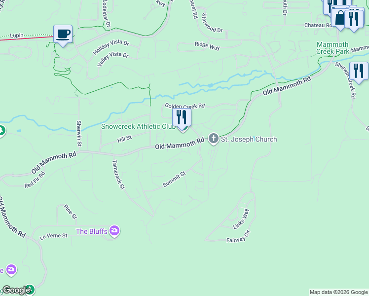 map of restaurants, bars, coffee shops, grocery stores, and more near 34 Crawford Avenue in Mammoth Lakes