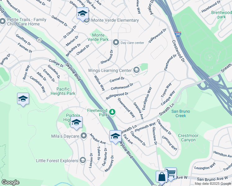 map of restaurants, bars, coffee shops, grocery stores, and more near 2841 Cottonwood Drive in San Bruno