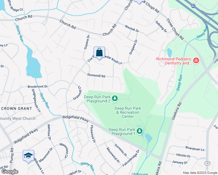 map of restaurants, bars, coffee shops, grocery stores, and more near 2412 Cedar Cone Drive in Richmond