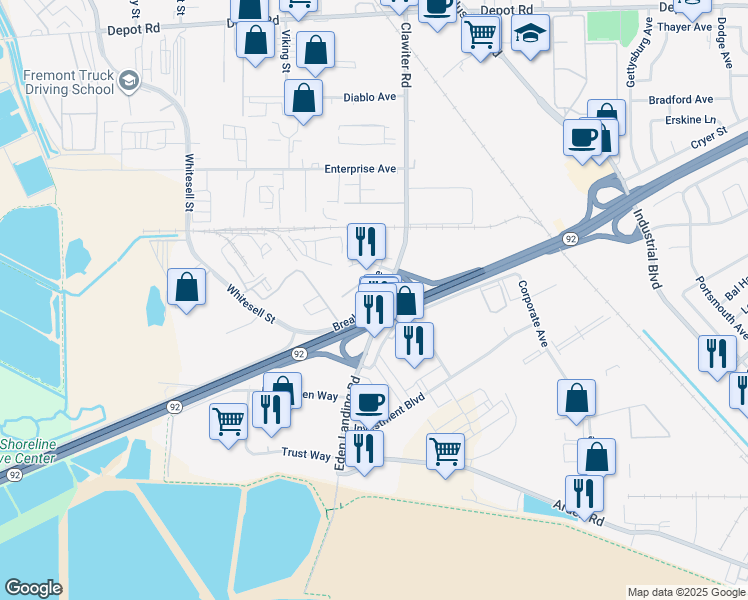 map of restaurants, bars, coffee shops, grocery stores, and more near 3524 Breakwater Avenue in Hayward