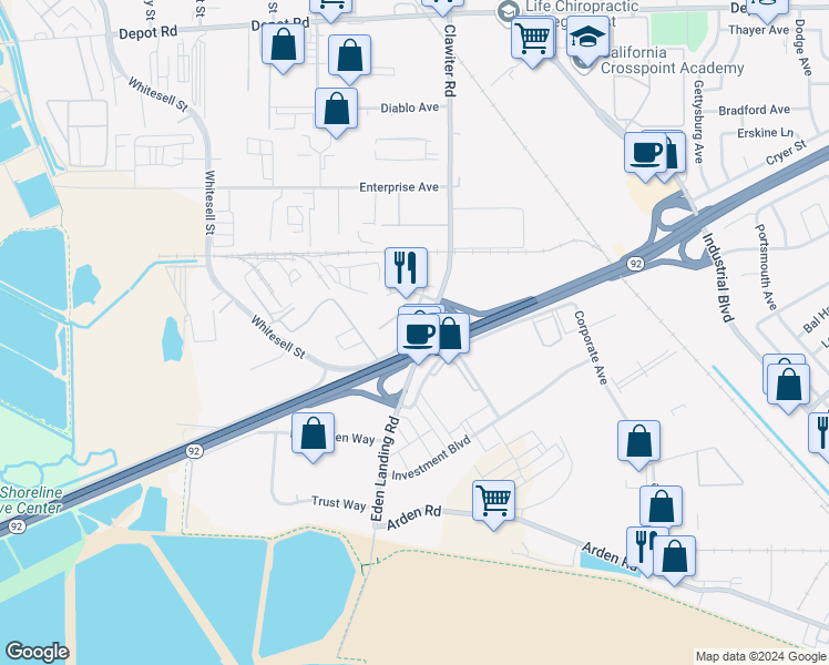 map of restaurants, bars, coffee shops, grocery stores, and more near 3524 Breakwater Avenue in Hayward