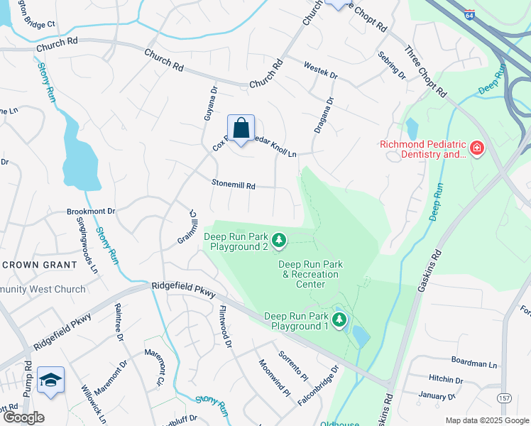 map of restaurants, bars, coffee shops, grocery stores, and more near 2412 Cedar Cone Drive in Richmond