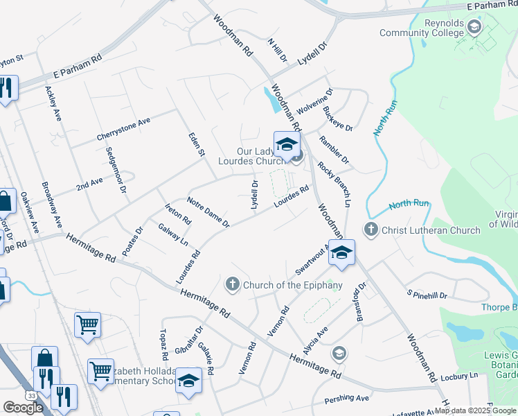 map of restaurants, bars, coffee shops, grocery stores, and more near 8201 Lydell Drive in Richmond