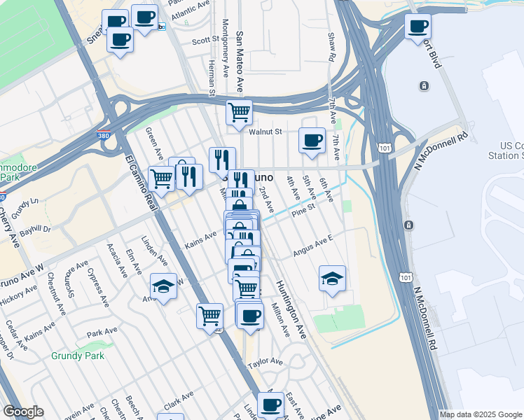 map of restaurants, bars, coffee shops, grocery stores, and more near 2 San Bruno Avenue West in San Bruno