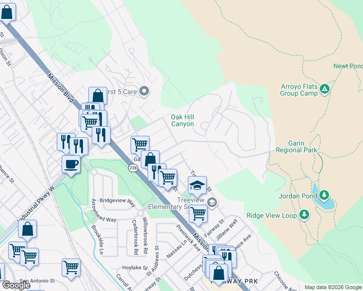 map of restaurants, bars, coffee shops, grocery stores, and more near 729 Garin Avenue in Hayward