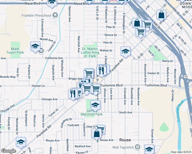 map of restaurants, bars, coffee shops, grocery stores, and more near 419 Briggs Avenue in Modesto