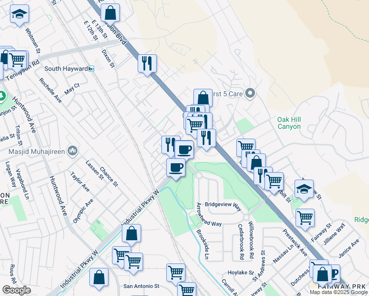 map of restaurants, bars, coffee shops, grocery stores, and more near 338 Industrial Parkway in Hayward